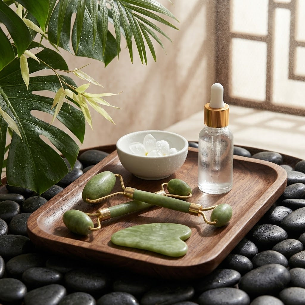 Set gua sha pierre de jade sur fond blanc, packshot produit
