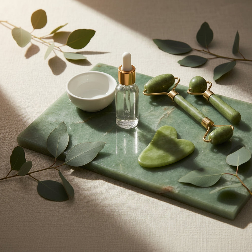 Set gua sha pierre de jade présenté sur fond ivoire, ambiance spa à domicile