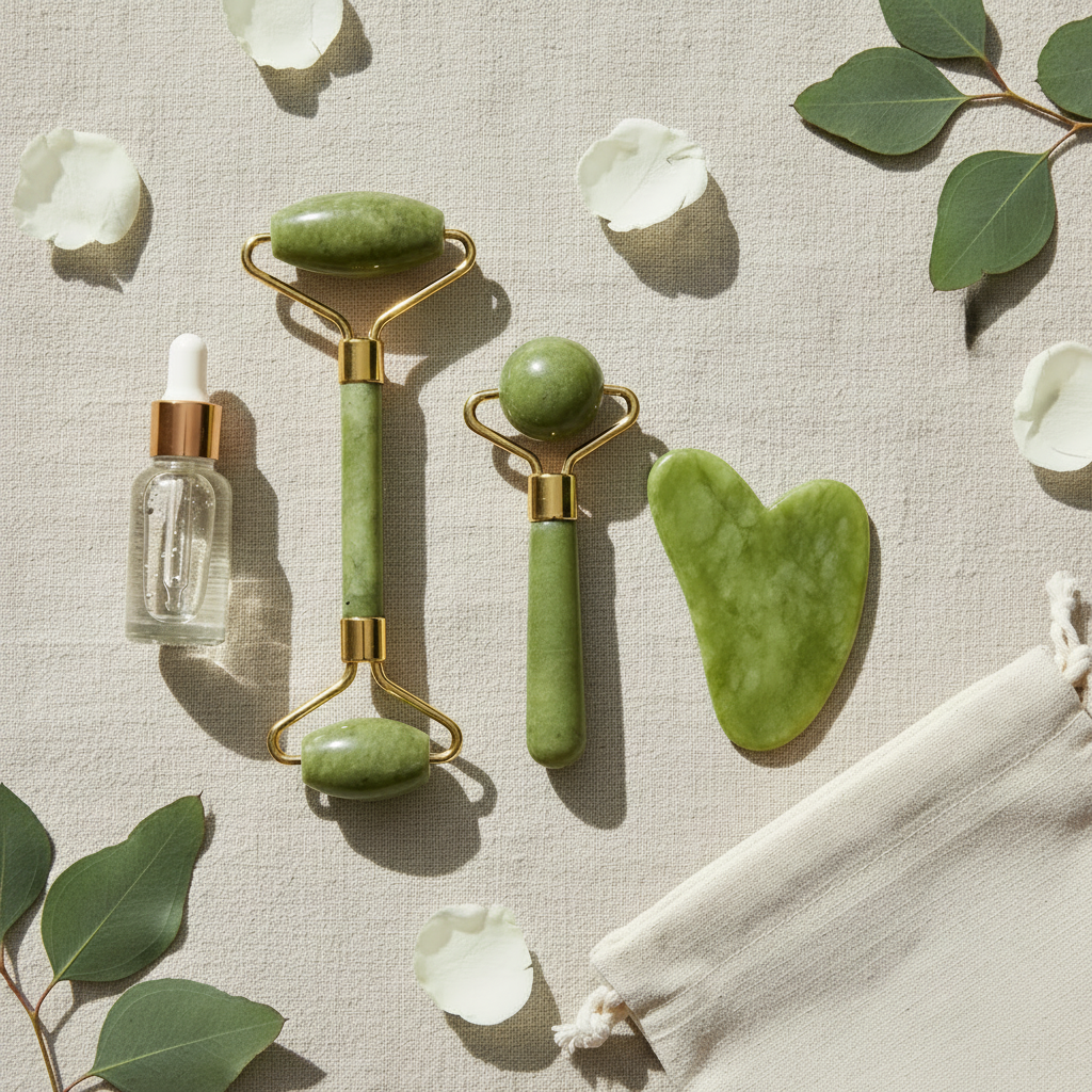 Composition à plat du set gua sha en pierre de jade avec accessoires de soin, style éditorial