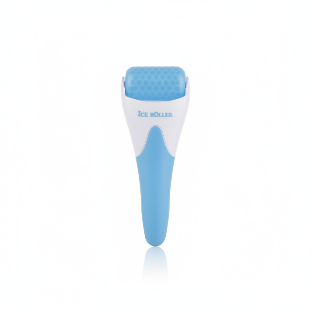 Rouleau de glace visage en plastique blanc et bleu, avec tête texturée