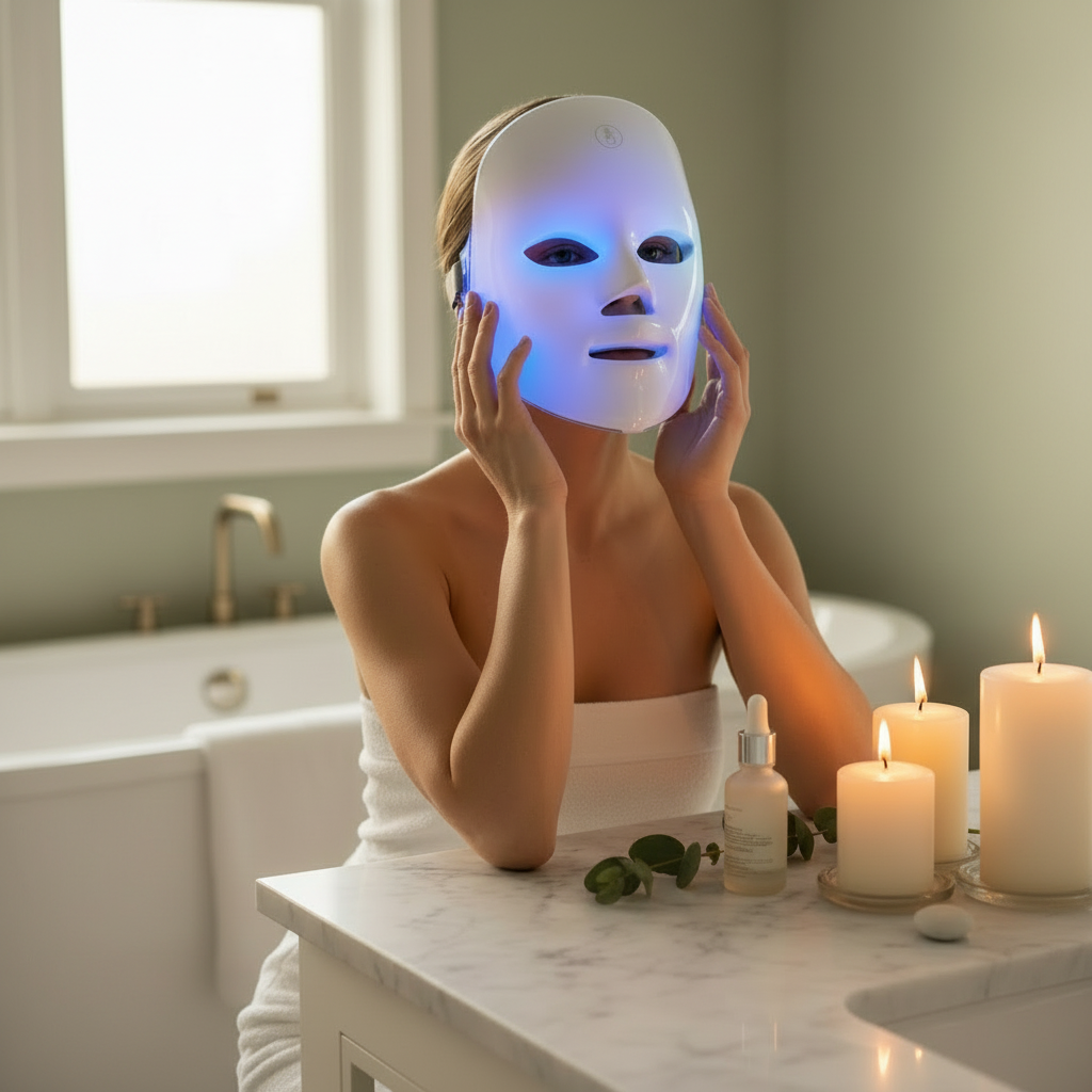 Photo lifestyle masque LED bleu ambiance spa