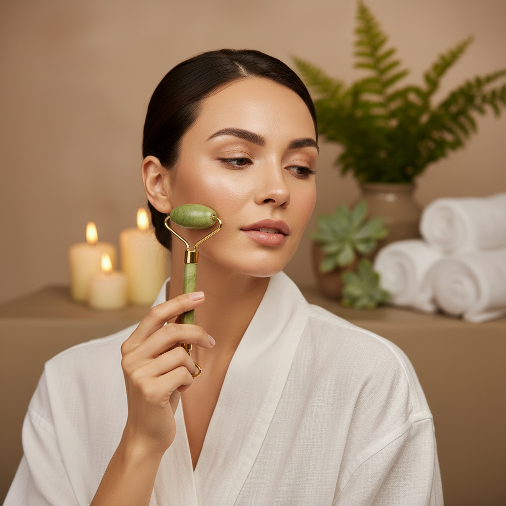 Utilisation du gua sha en pierre de jade lors d'un rituel de soin détente à domicile