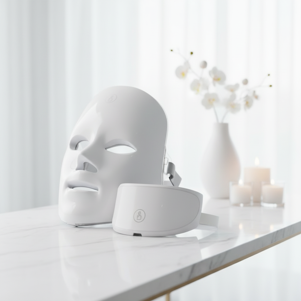 Masque LED facial sur fond blanc, avec bandeau ajustable et écran de commande