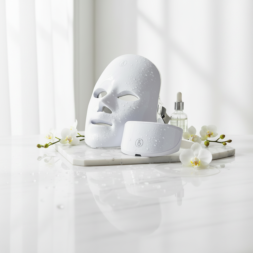 Masque LED facial posé sur un plan de marbre, esthétique épurée