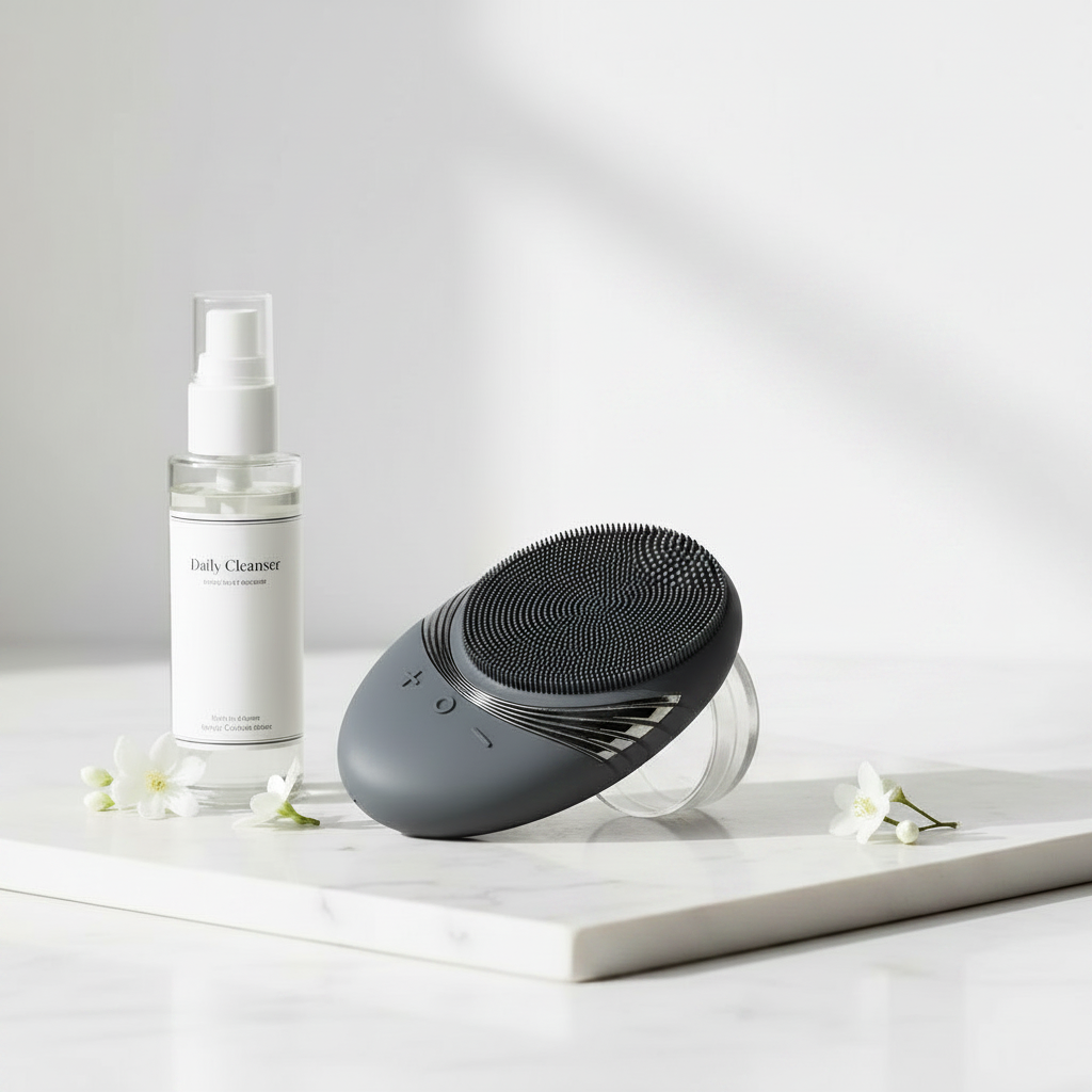 Brosse nettoyante électrique posée sur un plan de marbre, esthétique épurée