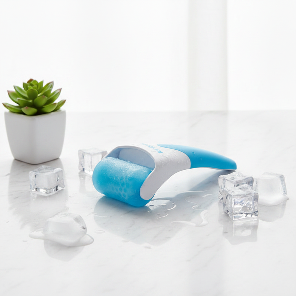 Rouleau de glace posé sur un plan de marbre, esthétique épurée